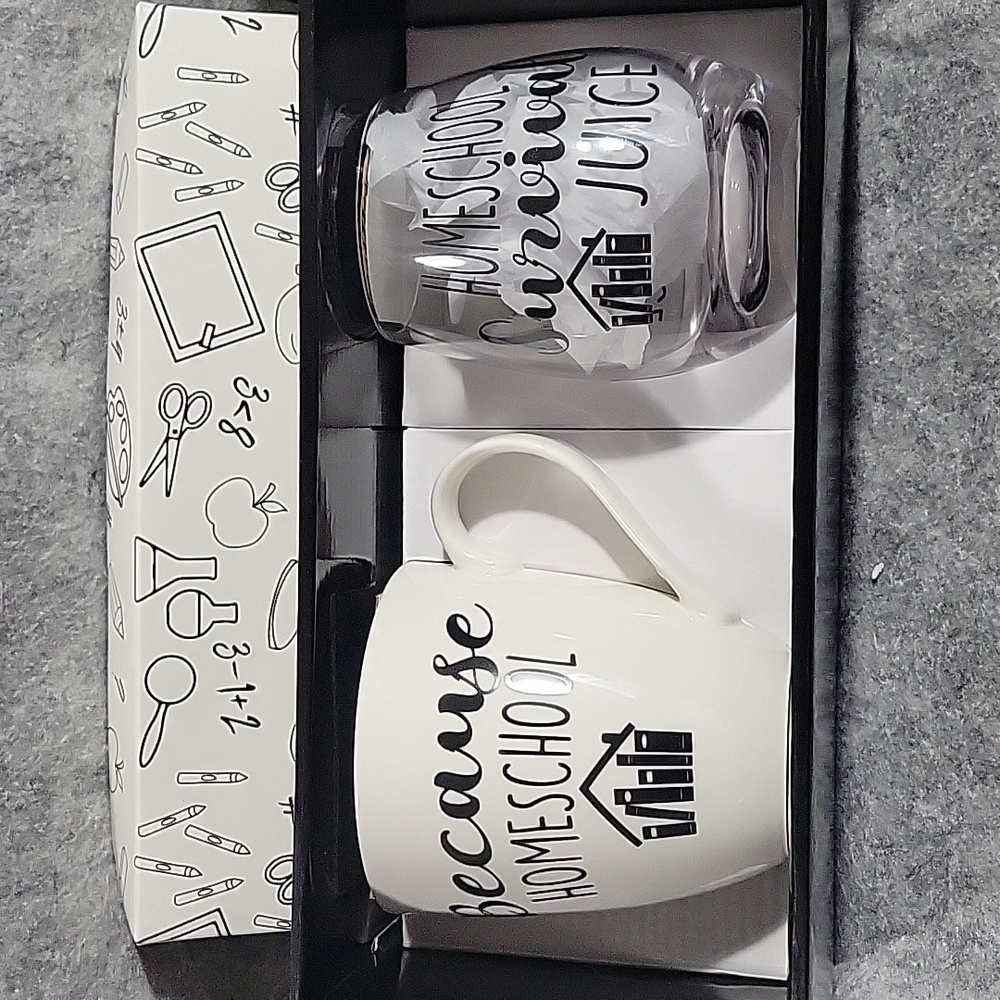 Homeschooling Survival juice mug and wine glass set, NEW